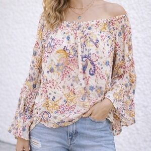FP1 Free People Free Spirit Boho Paisley Printed Top In Neutral Large Wide Slee